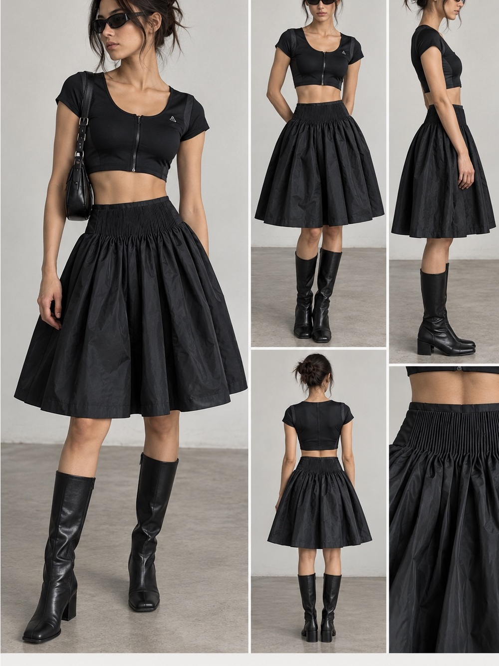 CHICHIN Korean Black Pleated Full Skirt S Avant Garde Minimalist Knee Length